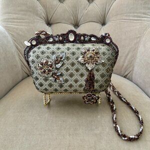 Auth. MARY FRANCES Iconic Green Brocade Floral Beaded Jeweled Minaudiere Bag